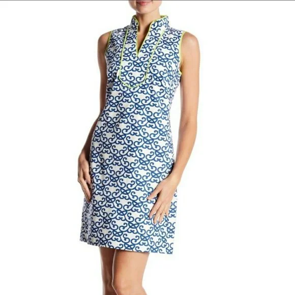navy blue and lime green dress Lime Green Seersucker with Navy Whales Ladies Tunic Dress (Unlined) X-Small